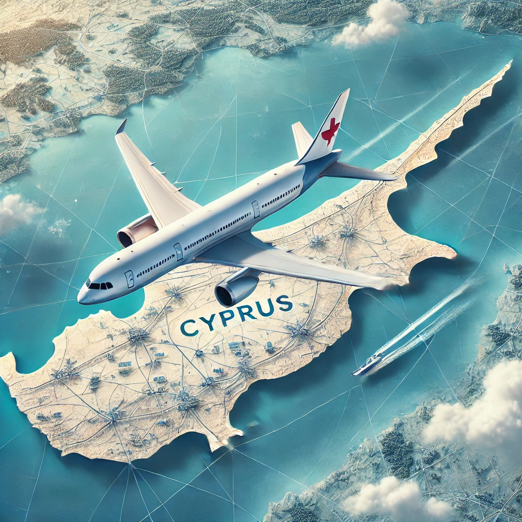 DALL·E 2024 09 03 17.31.55 An illustration of a modern passenger plane flying over a map of Cyprus. The map of Cyprus is detailed with borders cities and notable landmarks wh