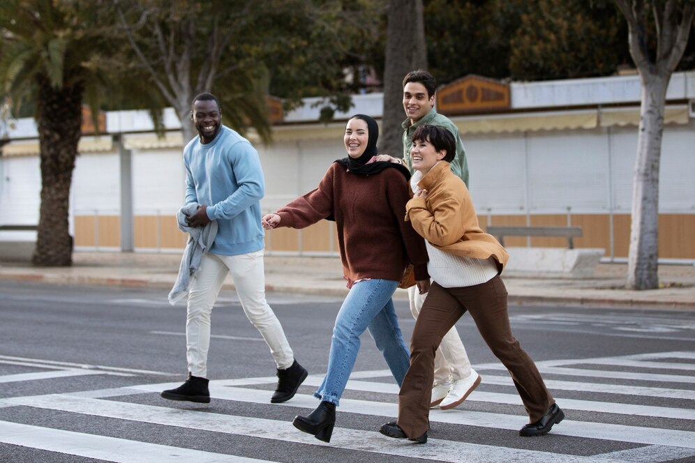 happy people walking together full shot 23 2149293073